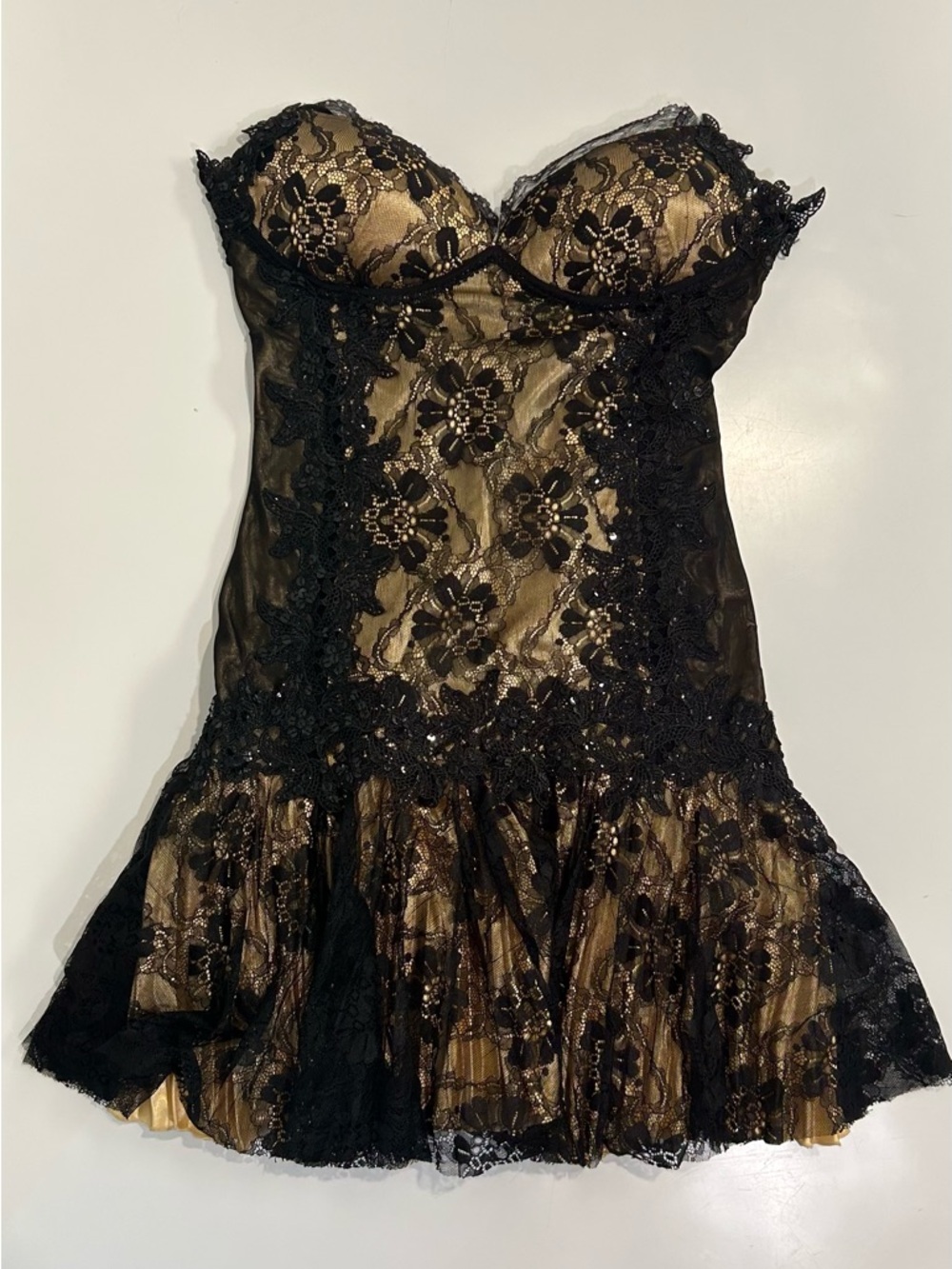 Dave & Johnny Black and Gold Lace Evening Dress